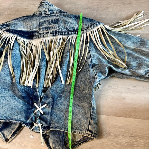 Vintage Denim and White Leather Fringe Removable Shoulder Pads Sz M - Picture 9 of 9